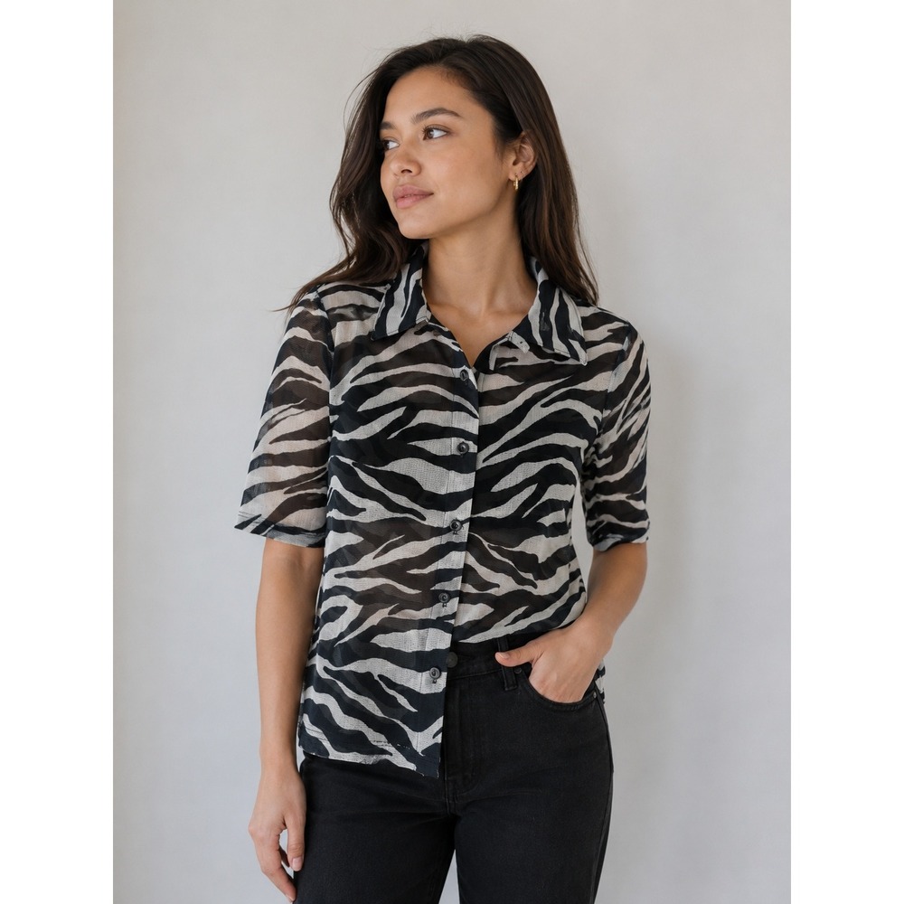 DMBM Women Mesh Zebra Top Small Black White Sheer Button Up Y2K Indie Sleaze